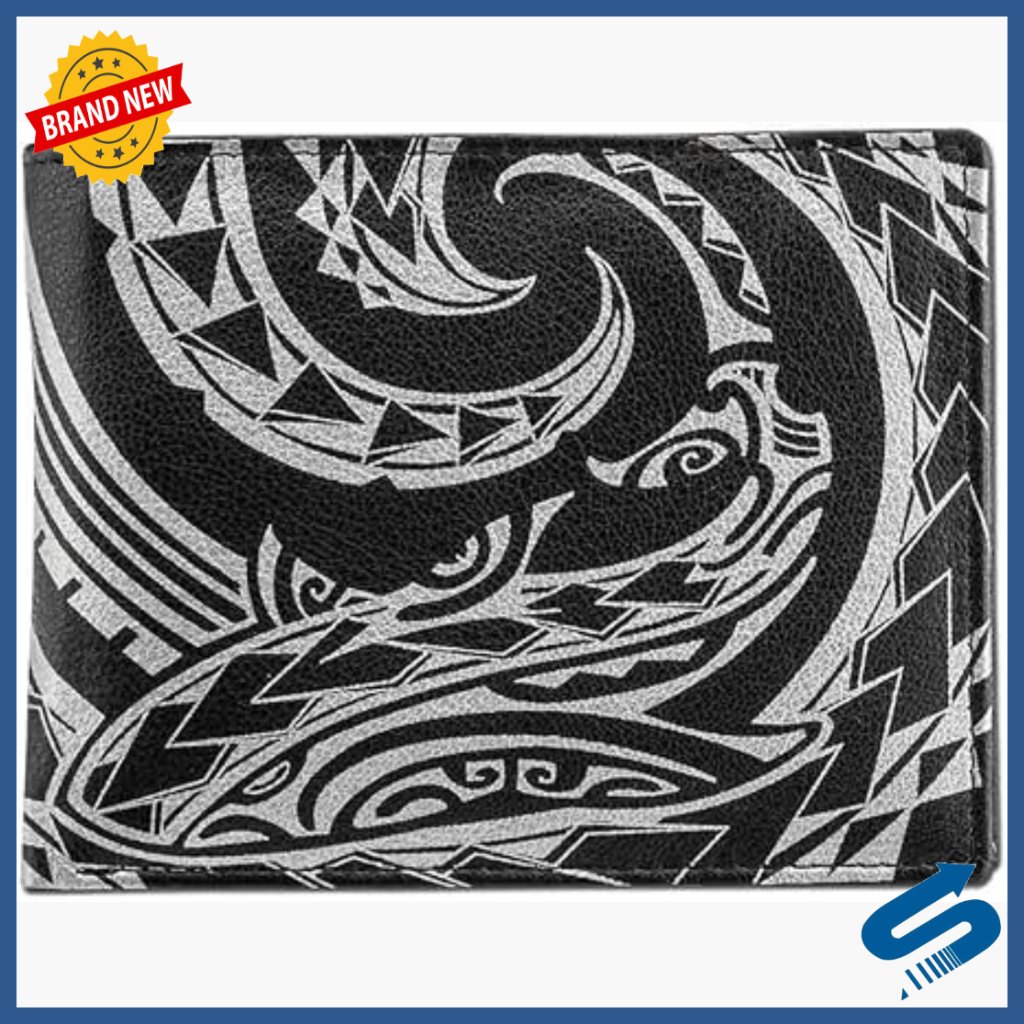 Genuine Leather Flip Id Bifold Wallet With Shark Tattoo Art